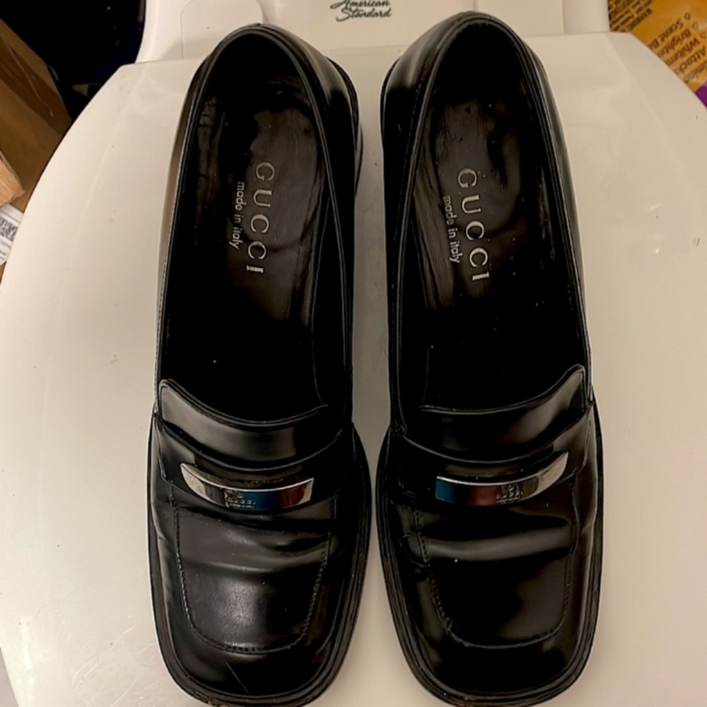 VINTAGE Gucci Black Leather Block Heel Square Toe Loafers (Sz 37 EU / 6.5 US)
